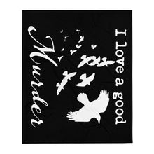 Load image into Gallery viewer, A black throw blanket with white silhouettes of a murder of crows and the words, "I love a good Murder"
