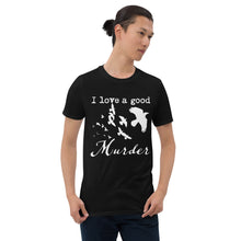 Load image into Gallery viewer, A man is wearing a black graphic tee with a white silhouette of a murder of crows with the words "I love a good Murder" holding the hem.
