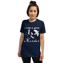 Load image into Gallery viewer, A woman is wearing a navy blue graphic tee with a white silhouette of a murder of crows with the words "I love a good Murder"