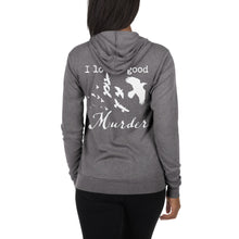 Load image into Gallery viewer, A woman is wearing a gray zip hoodie with white silhouettes of a murder of crows with the words, "I love a good Murder" on the back, facing away from the viewer.