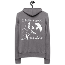 Load image into Gallery viewer, A gray zip hoodie with white silhouettes of a murder of crows with the words, "I love a good Murder" on the back is displayed on a hanger.