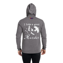Load image into Gallery viewer, A man is wearing a gray zip hoodie with white silhouettes of a murder of crows with the words, "I love a good Murder" on the back, facing away from the viewer with the hood up.
