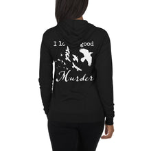 Load image into Gallery viewer, A woman is wearing a black zip hoodie with white silhouettes of a murder of crows with the words, "I love a good Murder" on the back, facing away from the viewer.