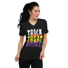 Load image into Gallery viewer, Trick or Treat Witches! Short Sleeve V-Neck T-Shirt